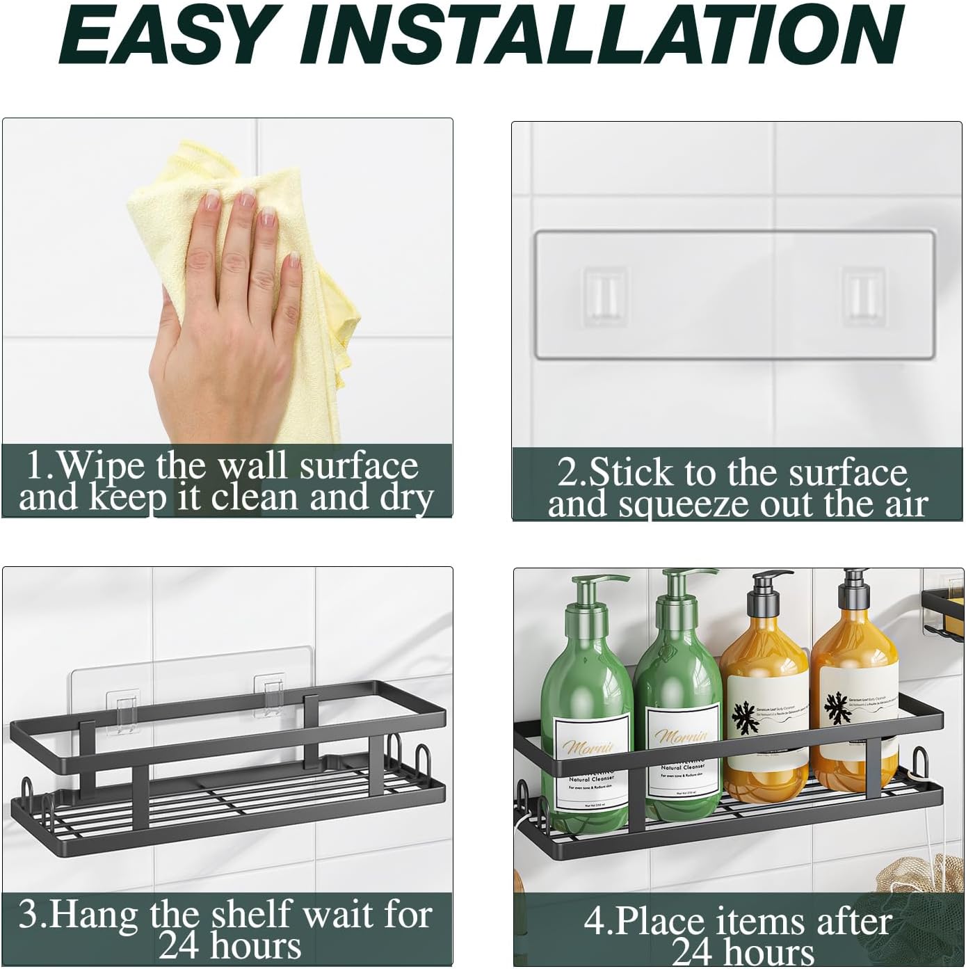 Youvip Adhesive Shower Caddy - Rustproof Bathroom Organizer with Soap Holder & 12 Hooks | Black, 3 Pack