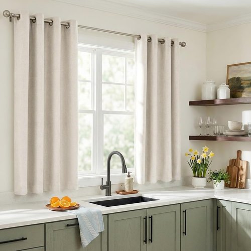 100% Blackout Shield Linen Blackout Curtains - Thermal Insulated Drapes for Bedroom & Living Room | Beige, 40" W x 45" L, 2 Panels