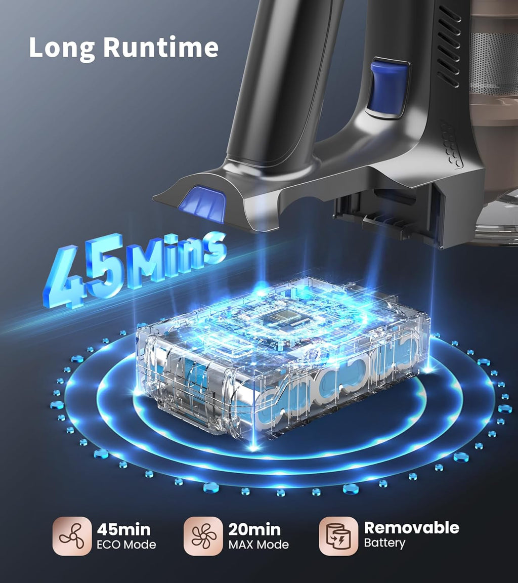 NADALY Cordless Vacuum Cleaner - 500W 40KPA Stick Vacuum with 45 Min Runtime | Anti-Tangle Design, 1.5L Dust Cup