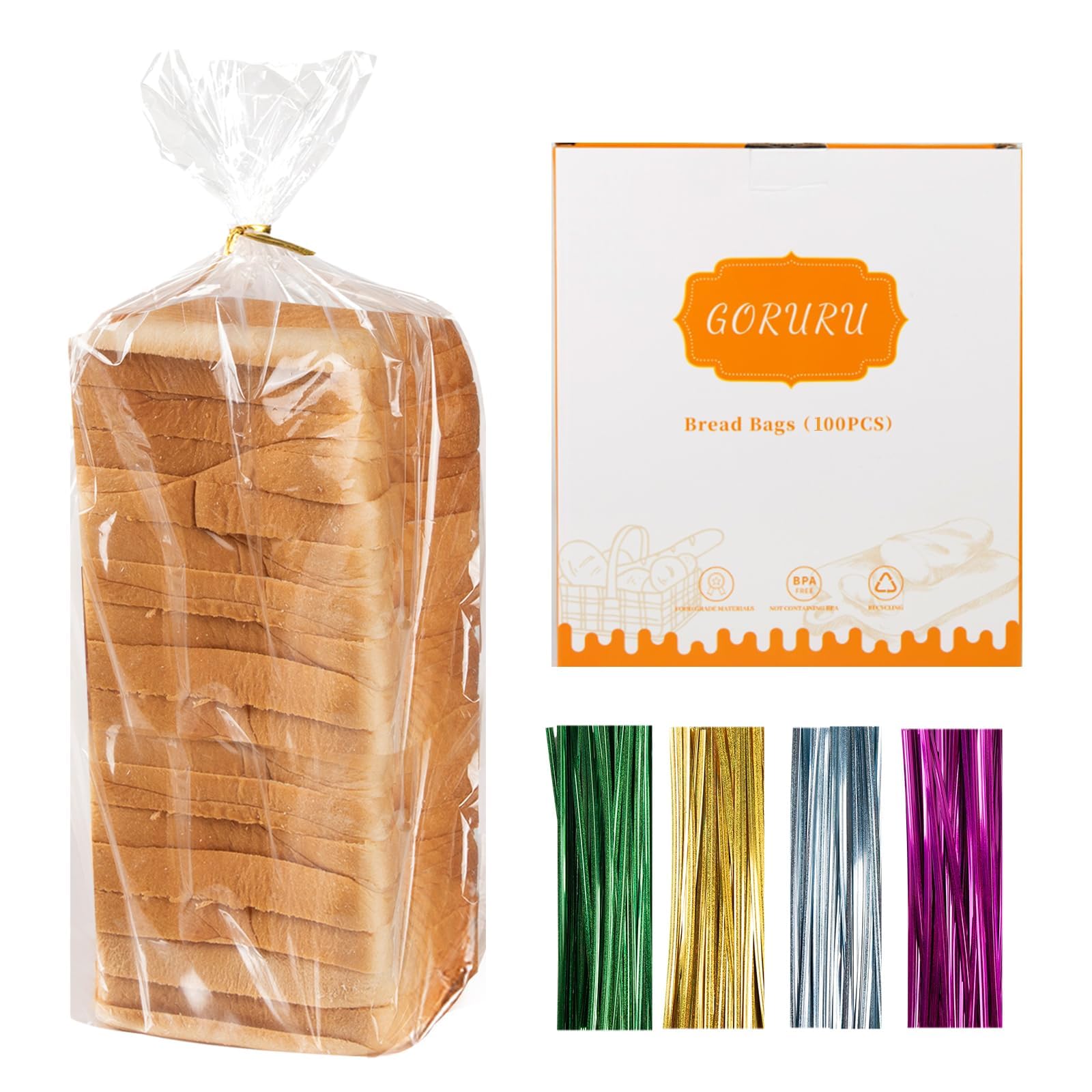 Goruru Bread Bags for Homemade Bread - Durable Plastic bags for Loaf, Bagels & More - Adjustable Sourdough bread Bags for Home Bakers & Bakery Owners - 100 Pcs with 110 Colorful Ties (5")