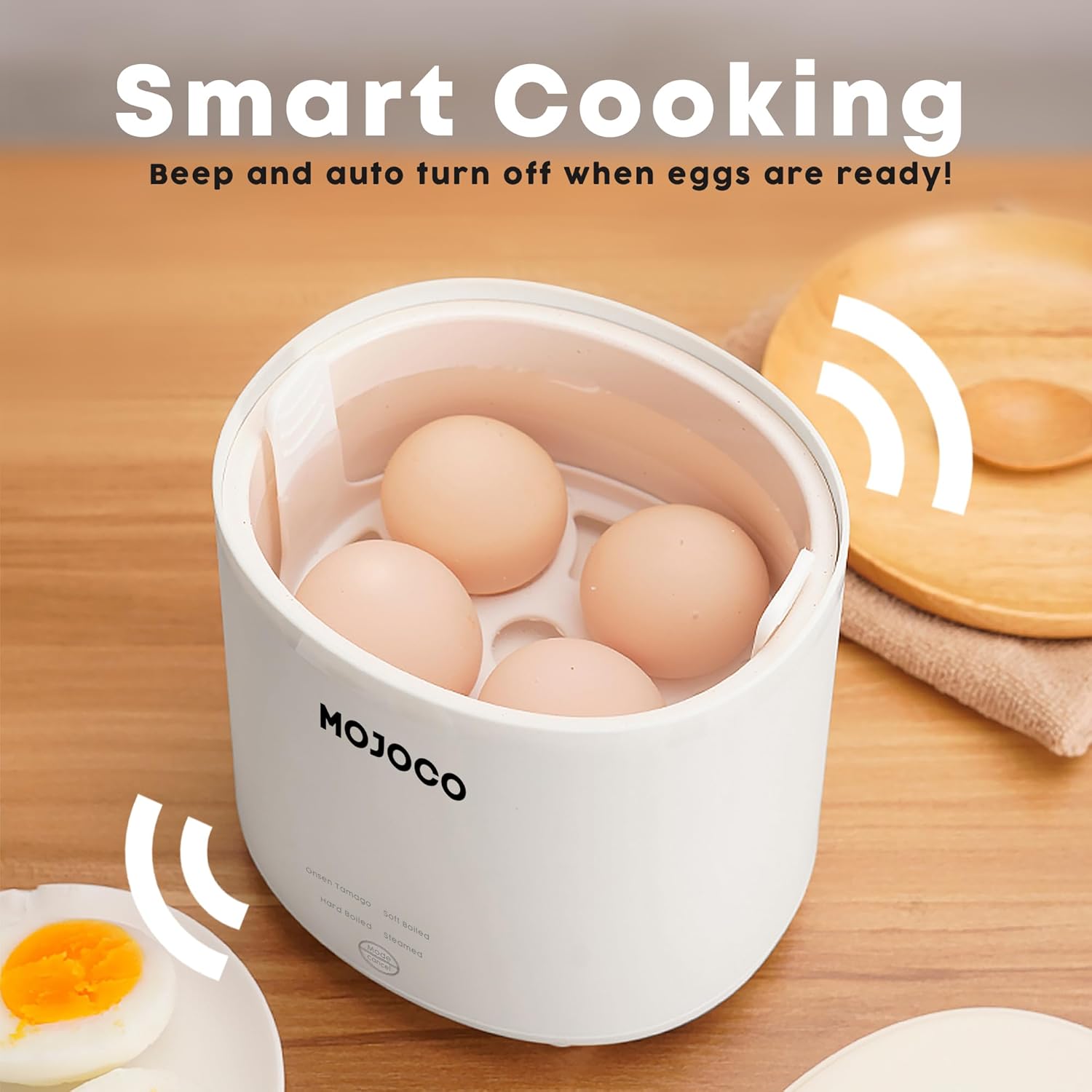 Mojoco Rapid Egg Cooker - Electric Mini Egg Maker for Steamed, Hard & Soft Boiled Eggs - Auto Shut Off & Alarm
