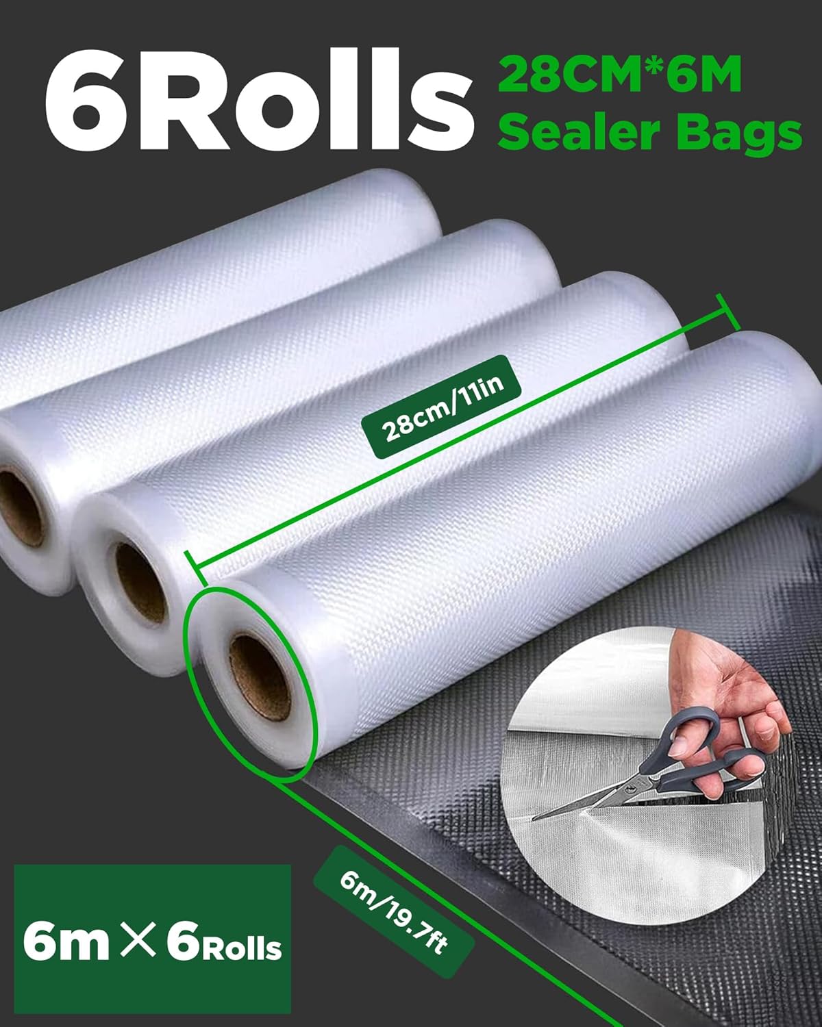 Skiennix Vacuum Sealer Bags - Heavy Duty BPA Free Food Storage | 6 Rolls, 28CM x 6M
