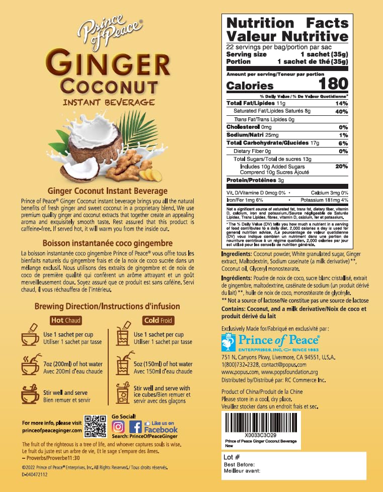 Prince of Peace Ginger Coconut Instant Beverage Mix, 22 Sachets (27.1 oz)