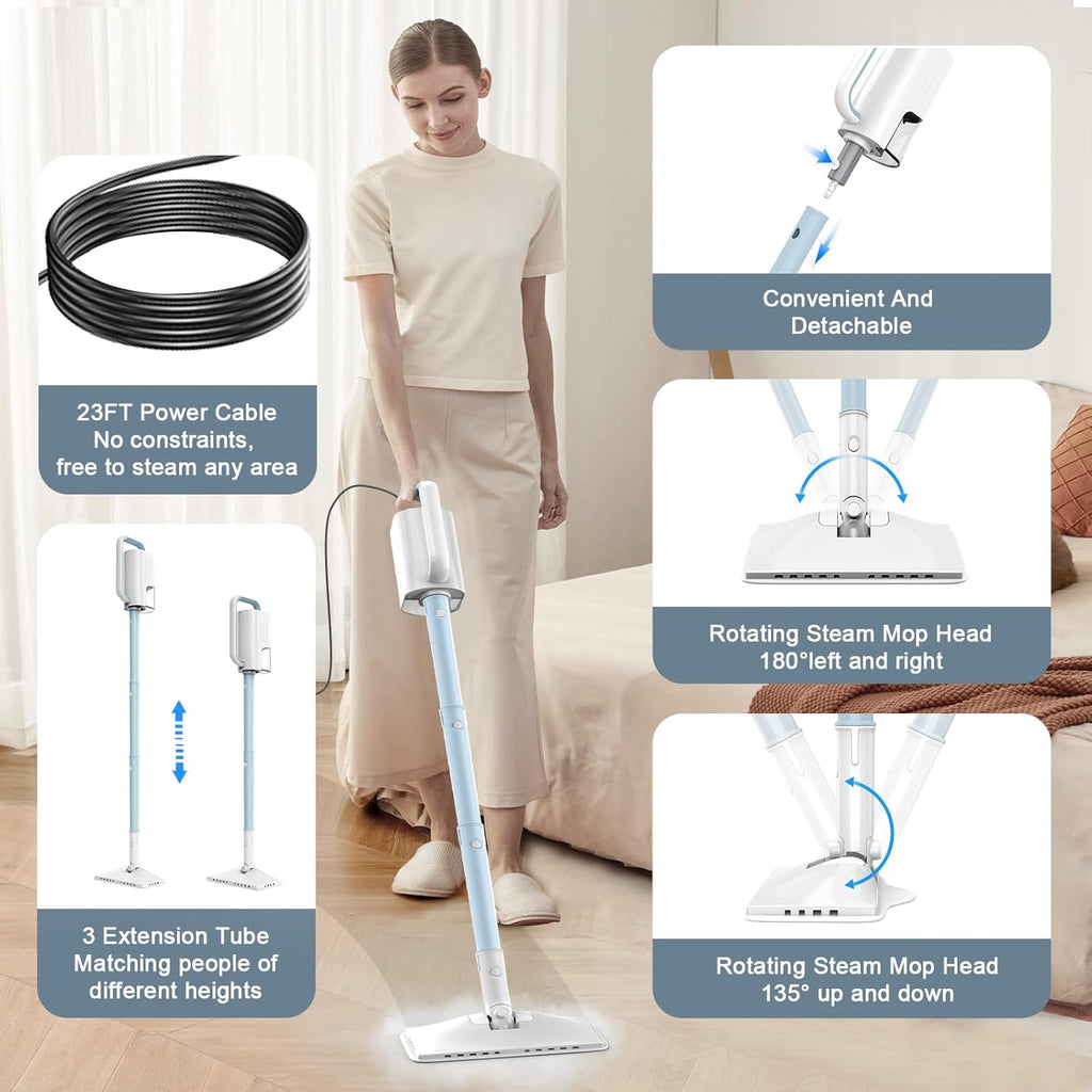 Skiennix 6-in-1 Steam Mop Cleaner - Versatile 2 Modes, 400ML Tank, 23FT Cable | Azure Color