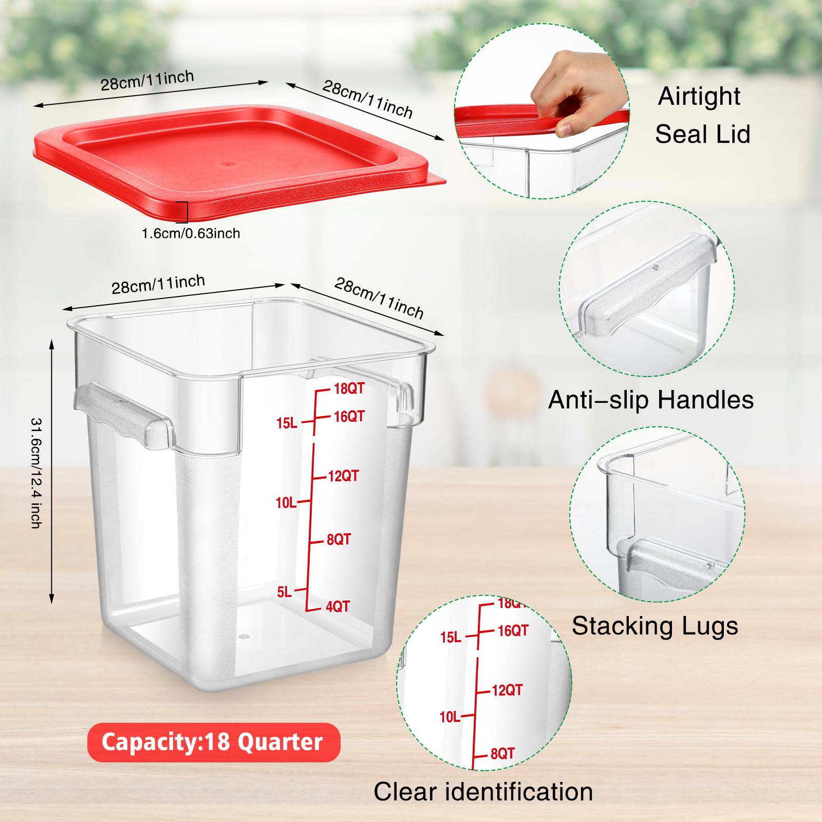 Suclain 2 Pcs Square Food Storage Container Polycarbonate Clear Food Container with Lid Commercial Rice Storage with Graduations for Commercial Kitchen(18 Qt,Red)
