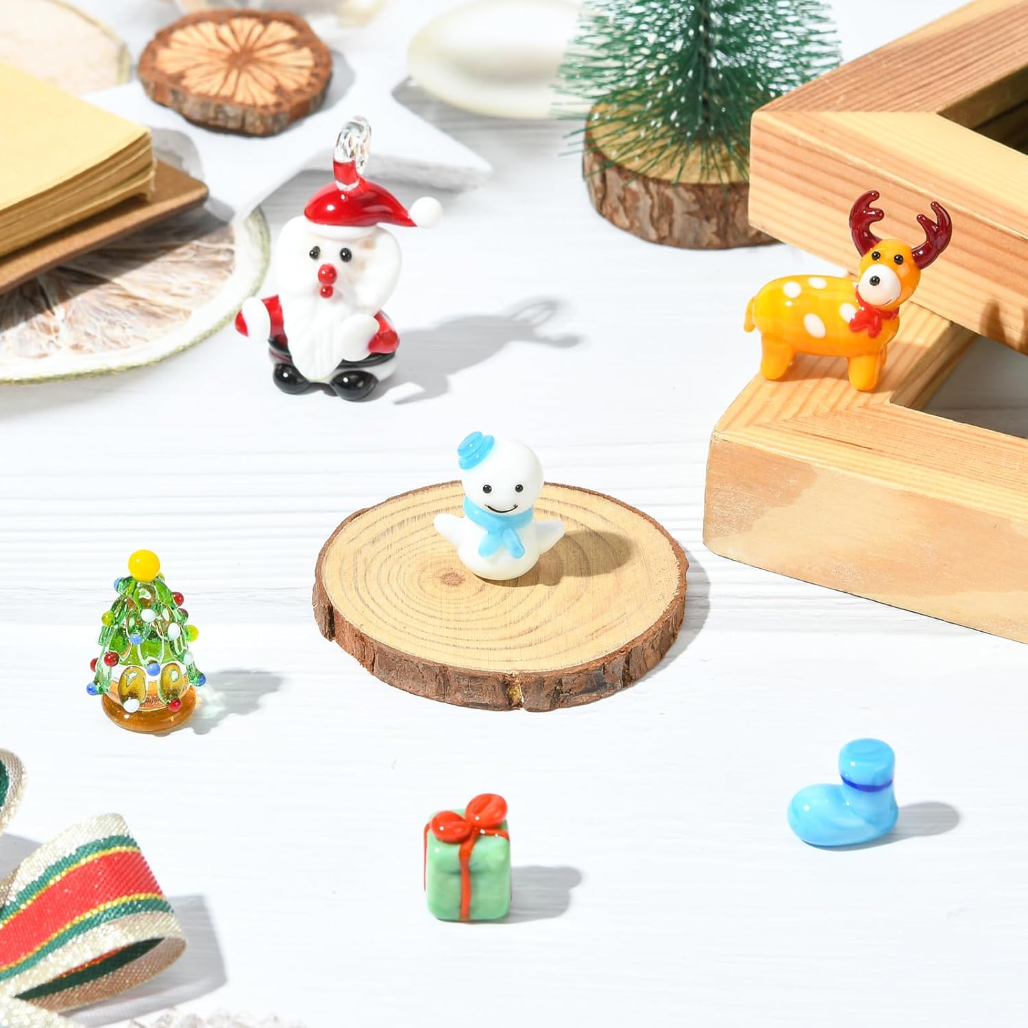 Skiennix 6Pcs Christmas Mini Glass Animal Figurines - Hand Blown Elk & Snowman Collectibles for Home Decor