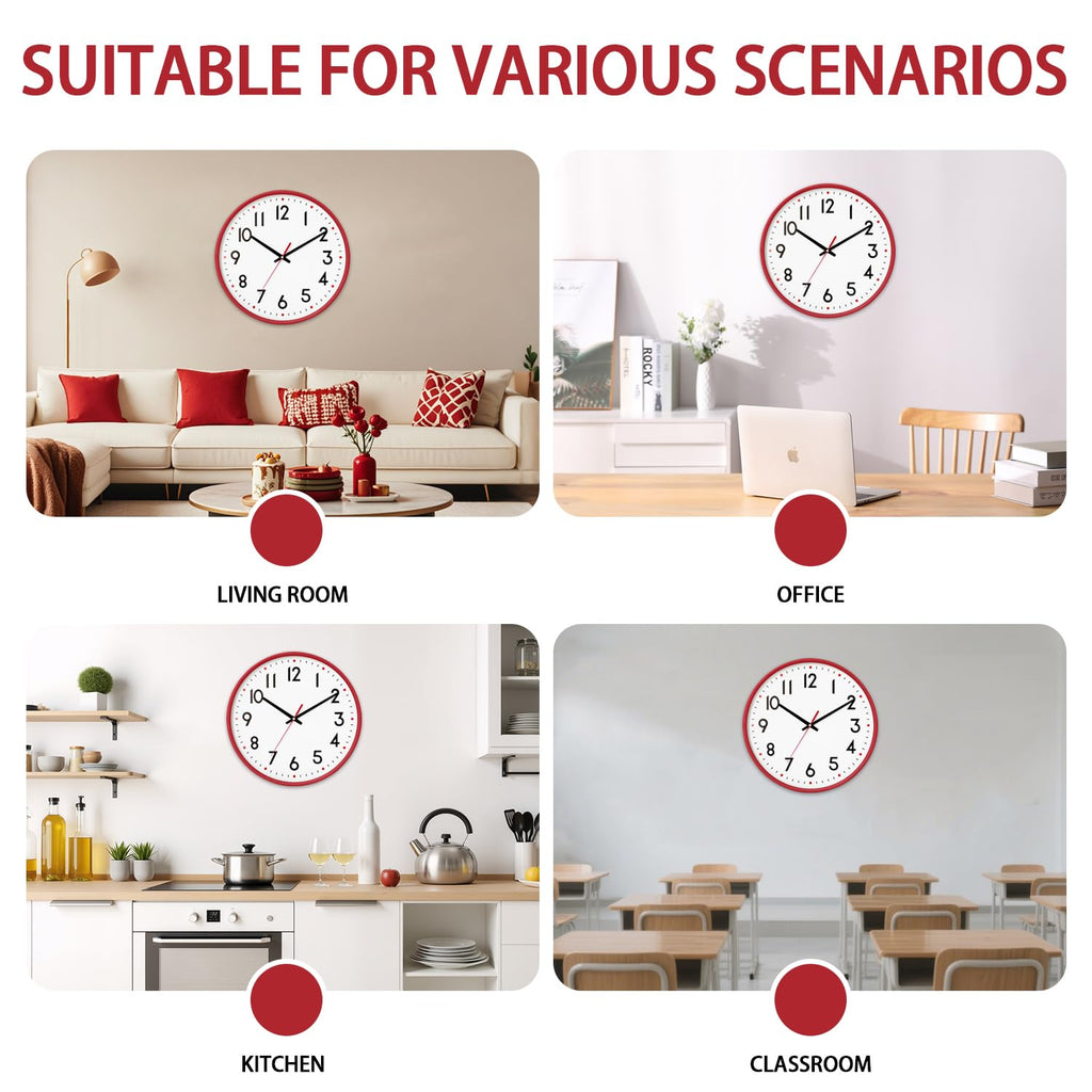 HZDHCLH Wall Clock Red,Silent Wall Clocks Battery Operated 8 Inch Modern Non Ticking Analog Clock Decorative for Kitchen Bedroom Living Room Office Classroom