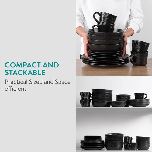 Navaris Linen Artisan Stoneware Dinnerware Set (16 Pieces) - Dishwasher and Microwave Safe Plates, Bowls, Mugs in Charcoal Black