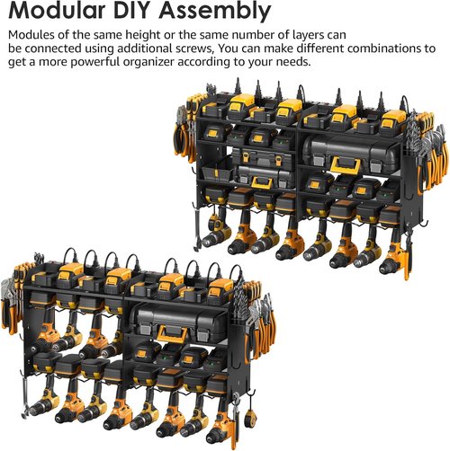 CCCEI Modular Power Tool Organizer - Wall Mount Charging Station for 8 Cordless Drills | Black Utility Rack with Hooks