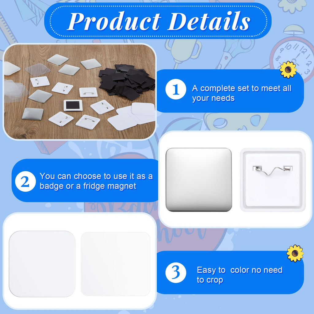 Teenyyou 50mm/ 2 Inch Button Craft Press Supplies Square Button Part DIY Fridge Magnets Craft Set Including Magnet, Metal Cover, Plastic Back Cover, Pin,Transparent Film,Blank Paper (200 Sets,Plastic)