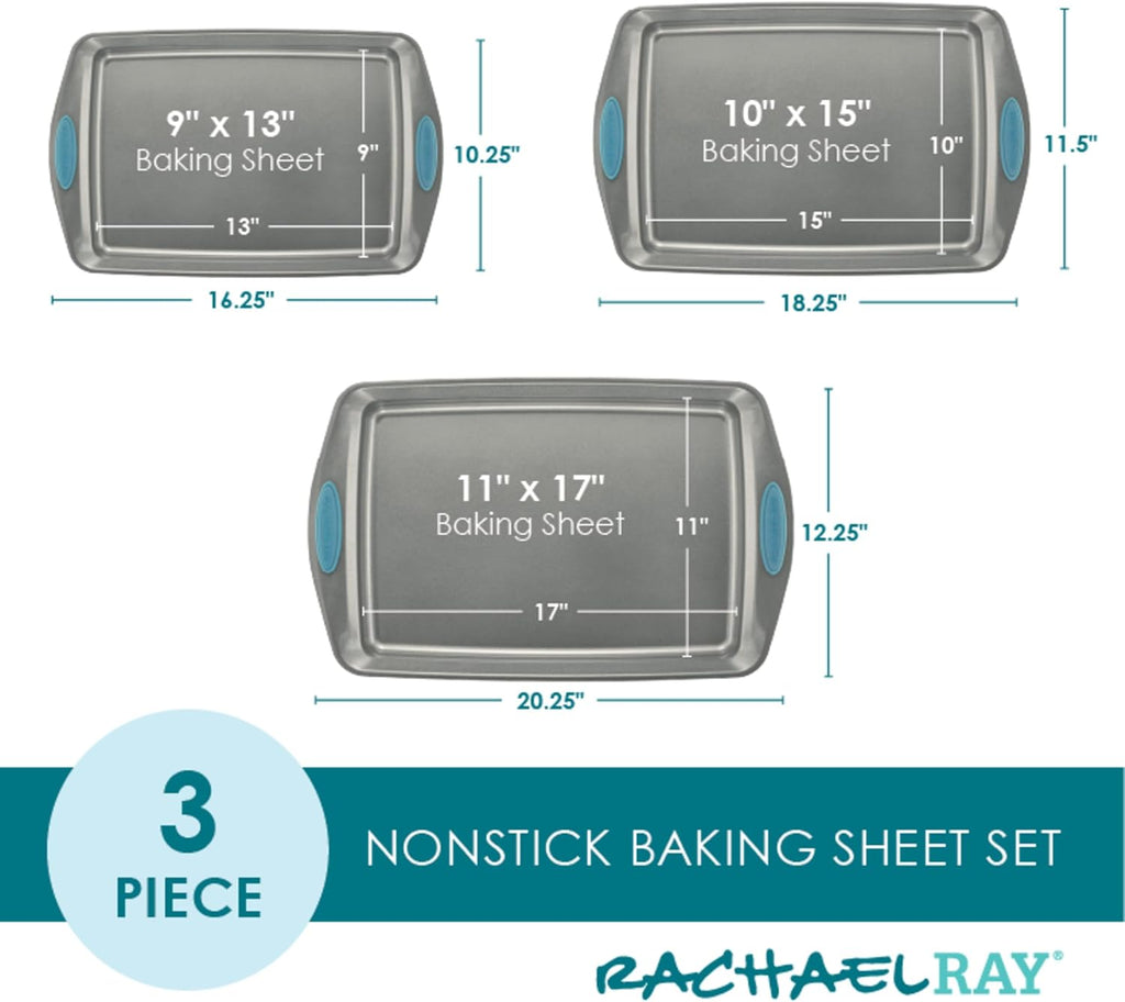 Rachael Ray Bakeware Nonstick Cookie Pan Set - 3-Piece Gray with Agave Blue Grips