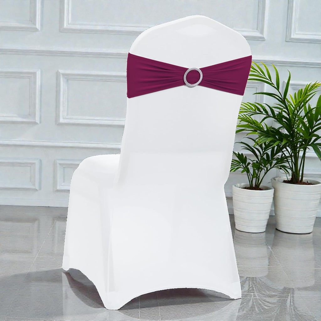 MDS Spandex Chair Sashes - 150 Universal Elastic Stretch Bands with Buckle Slider Bow | Eggplant Color
