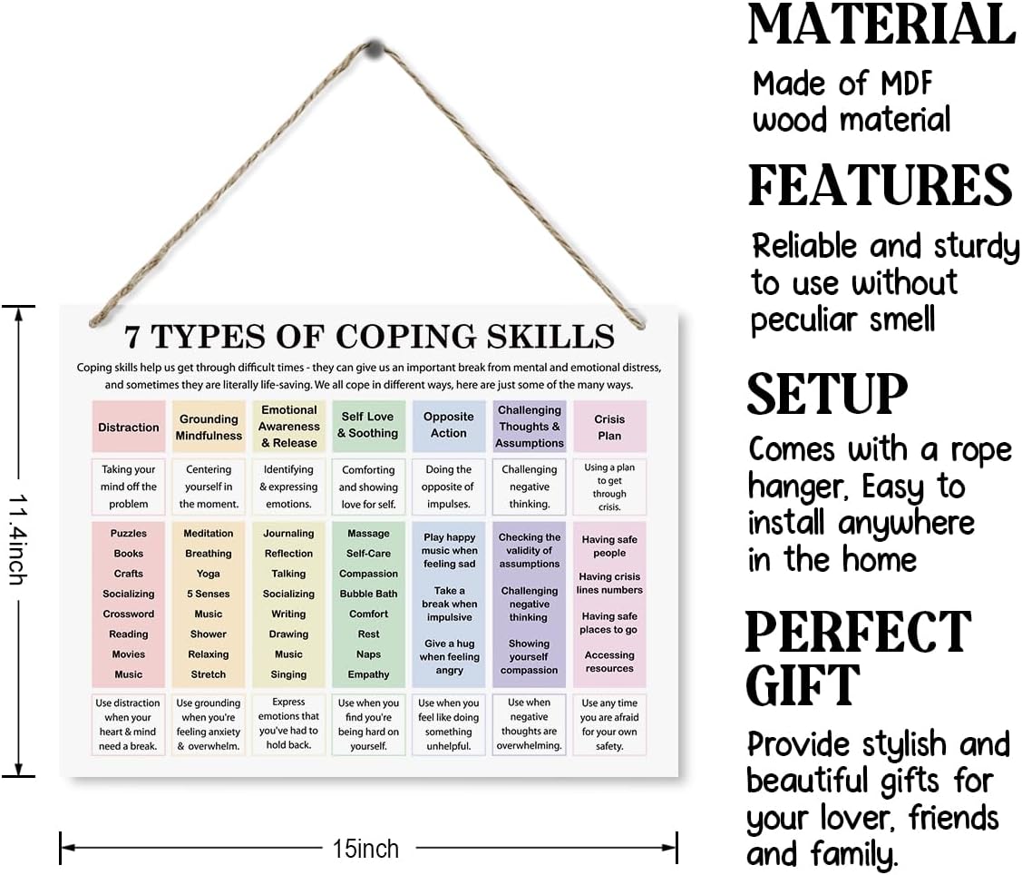 Therapy Decor | 7 Coping Skills Signs - Mental Health Wall Art for Therapist Offices & Home Counseling
