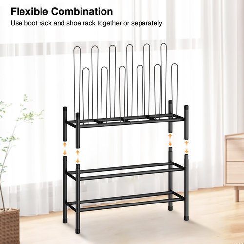 STO STO Detachable Shoe and Boot Rack Organizer, Metal Stackable Boot Rack for 6 Pairs, 2-Tier Shoe Rack for 9 Pairs, Adjustable Shelf Width, Space-Saving Shoe Boot Storage for Closet Entryway Mudroom