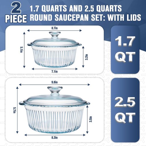 Glass Baking Dishes - 2 Pack Round Casserole Dishes with Lids | Oven Safe, Clear Glass, 1.7Qt & 2.5Qt