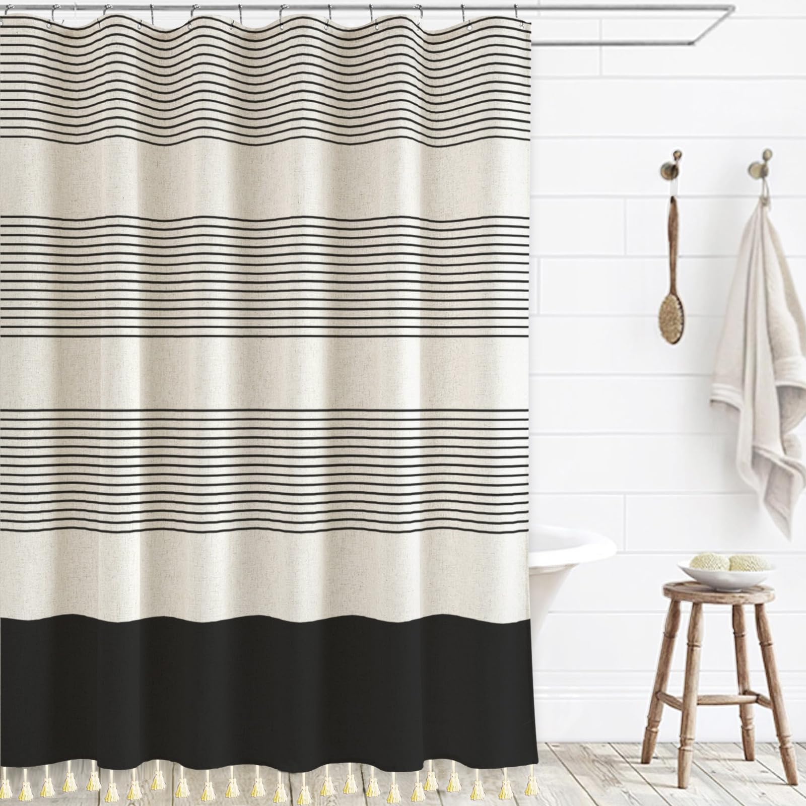 WOUVMA Boho Shower Curtains for Bathroom with Tassels Black Farmhouse Striped Shower Curtain Beige Rustic Linen 72x72 Inches