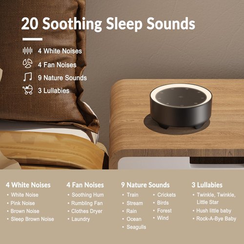 Kipcush White Noise Machine - 20 Soothing Sounds (Natural, White/Pink/Brown Noise, Fan), 2 Customizable Shortcuts, Soft Glow Non-Glaring Night Light, 8H Timer, USB-Powered (No Adapter/Battery)