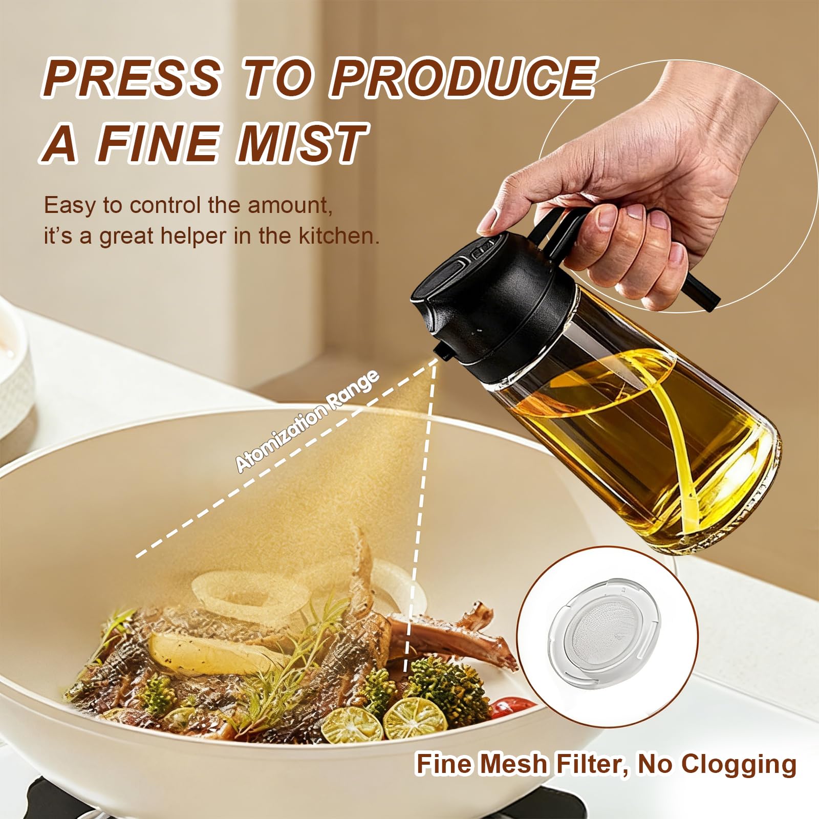 X&E 16oz/470ml Glass Olive Oil Sprayer for Cooking, 2 in 1 Olive Oil Dispenser Bottle, Food Grade Oil Mister for Kitchen Gadgets, Air Fryer Accessories, Salad & BBQ – Black
