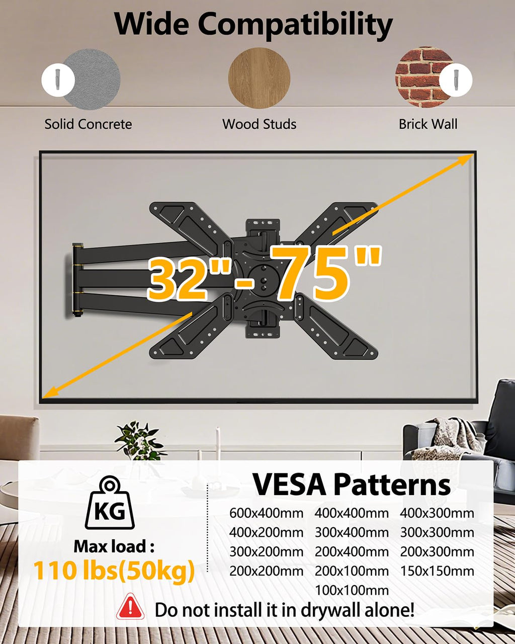 FORGING MOUNT Full Motion Corner TV Wall Mount for 32-75 Inch TVs Holds 110 lbs,33" Long Extension Arm with Landscape to Portrait Rotation, Swivel & Tilt,Vertical Rotating TV Mount,Max VESA 600x400mm