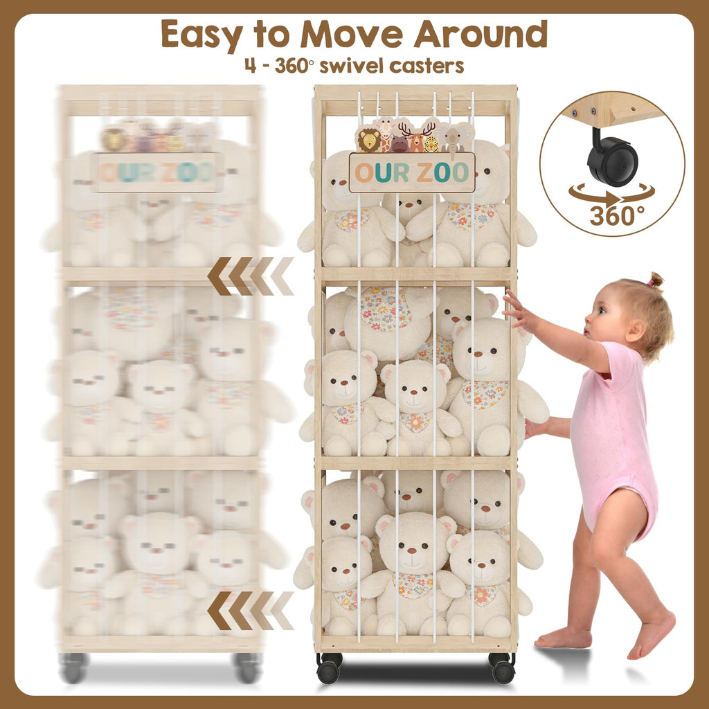 DEMEGA Stuffed Animal Zoo Storage with Wheels, Mobile Wooden Toy Organizer Cage with Elastic Band, Easy Assembly Large Capacity for Nursery Playroom Bedroom