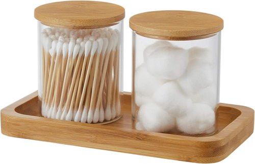 INIUNIK Glass Qtip Holder - Stylish Vanity Tray & Apothecary Jar Organizer for Bathroom Essentials