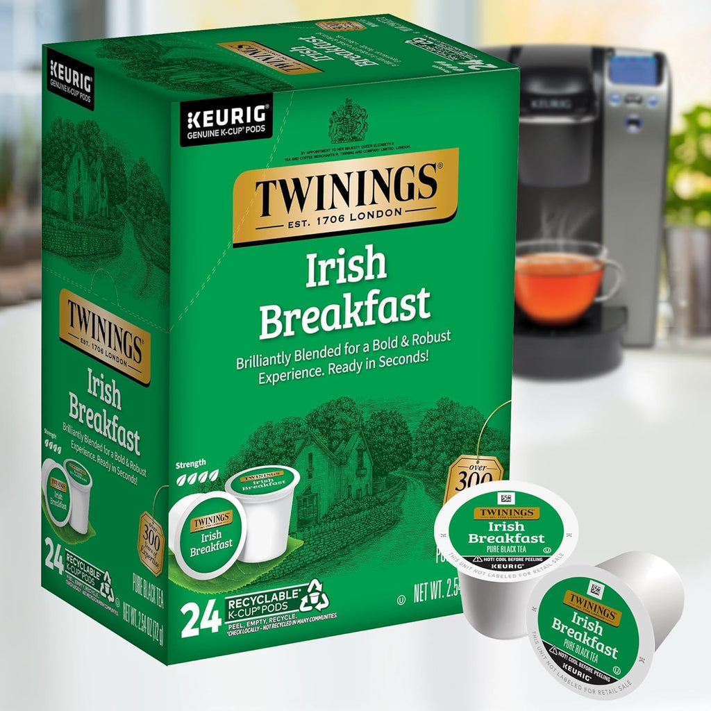 Twinings Irish Breakfast Black Tea K-Cup Pods for Keurig, 24 Count (Pack of 2), Robust, Strong, Bold Flavour, Caffeinated, Enjoy Hot or Iced