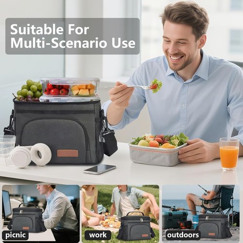 ExtraCharm Insulated Lunch Bag - Leakproof Cooler Tote for Office, Picnic & Hiking | Adjustable Strap - Black