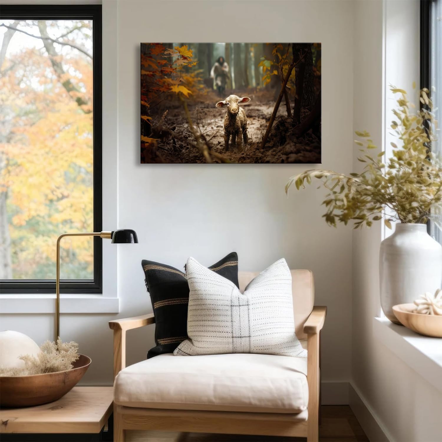 Ploceiny Large Jesus Running After Lost Lamb Canvas Wall Art - Perfect Baptism Gift | 36" x 24" Home Decor