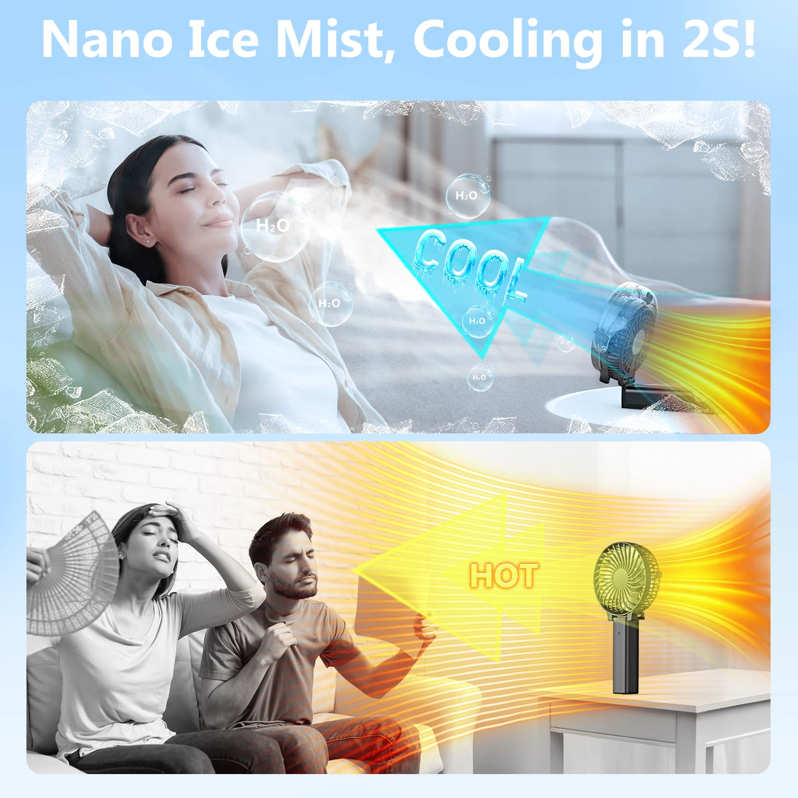 WITHOUSE 6000mAh Portable Handheld Misting Fan as Backup Power, 50ml XL Water Tank, 20H Runtime 3 Speeds, 180° Foldable Rechargeable Mist Fan for Travel, Outdoors, Makeup - Black