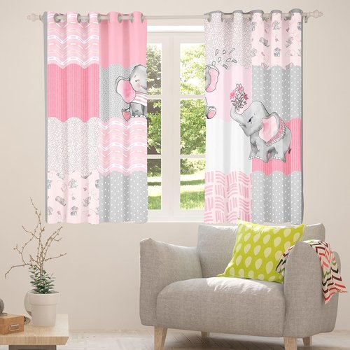 Castle Fairy Girly Cute Elephant Blackout Window Drapes,Pink Gray Plaid Geometric Home Decor Curtains,Cartoon Animals Stripes Dots Durable Blackout Window Drapes for Kids Gifts,2 Panels, 38Wx54L inch
