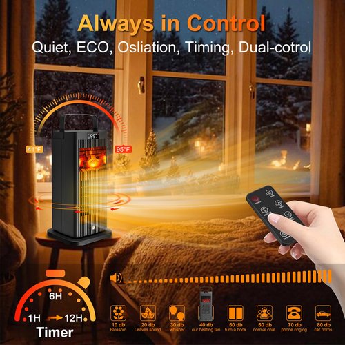 Space Heater, 2024 Small Space Heaters for Indoor Use, Oscillating Electric Heater with Infrared Sensor & 3D Flame Effect as Mini Fireplace, 1500W ECO Portable Heater for Office/Bedroom/Home/Garage
