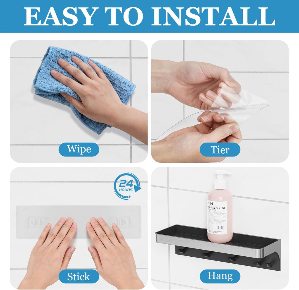 Skiennix Shower Caddy - Adhesive Bathroom Organizer with Hooks | Rustproof Silver Design