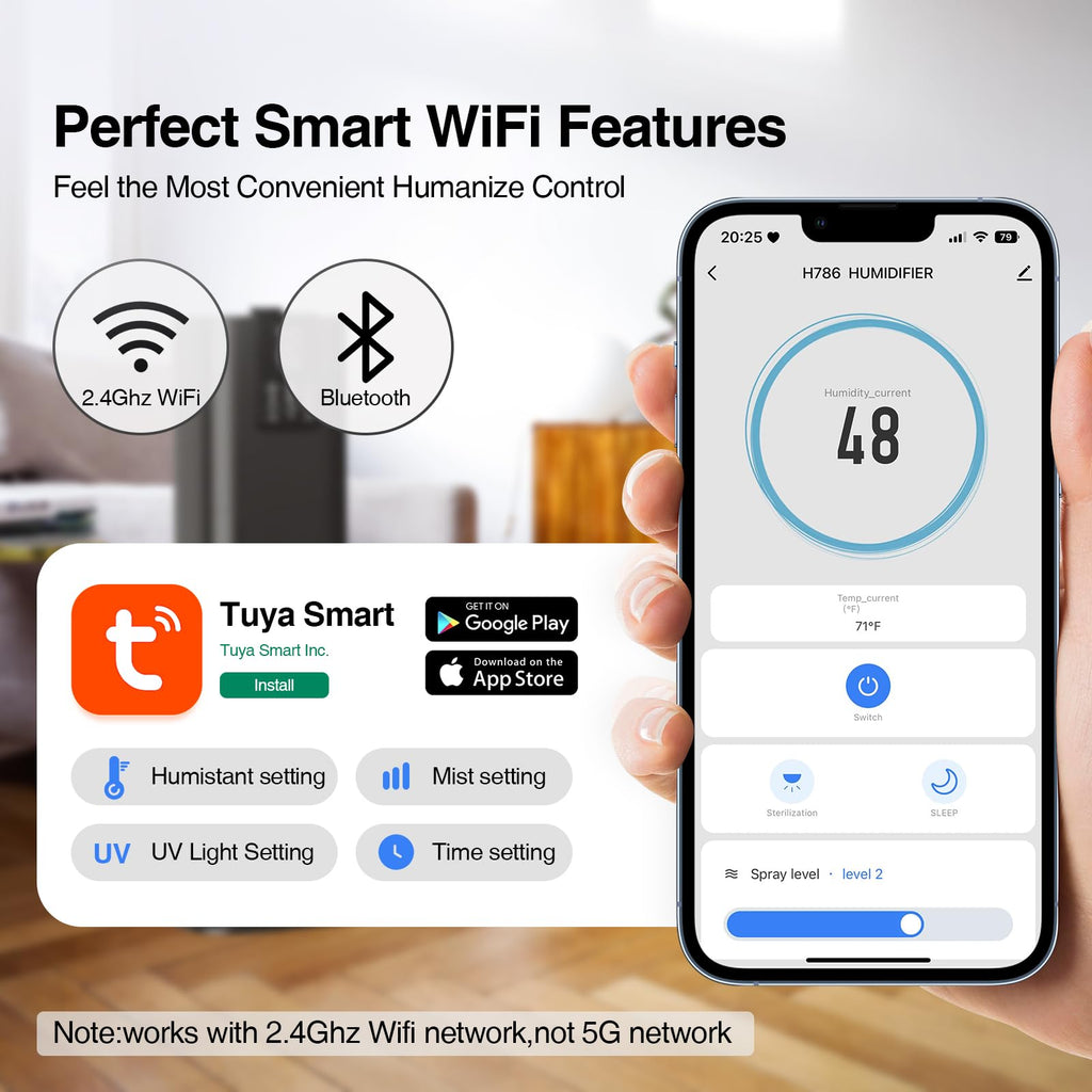 Smart Humidifiers Large Room Bedroom Home, 2.11Gal(8L) Quiet Top Fill Cool Mist Humidifier, Smart App & Remote Control, 3 Speed Humidifier with 360° Nozzle, Humidity Setting for Baby Office(Blue)