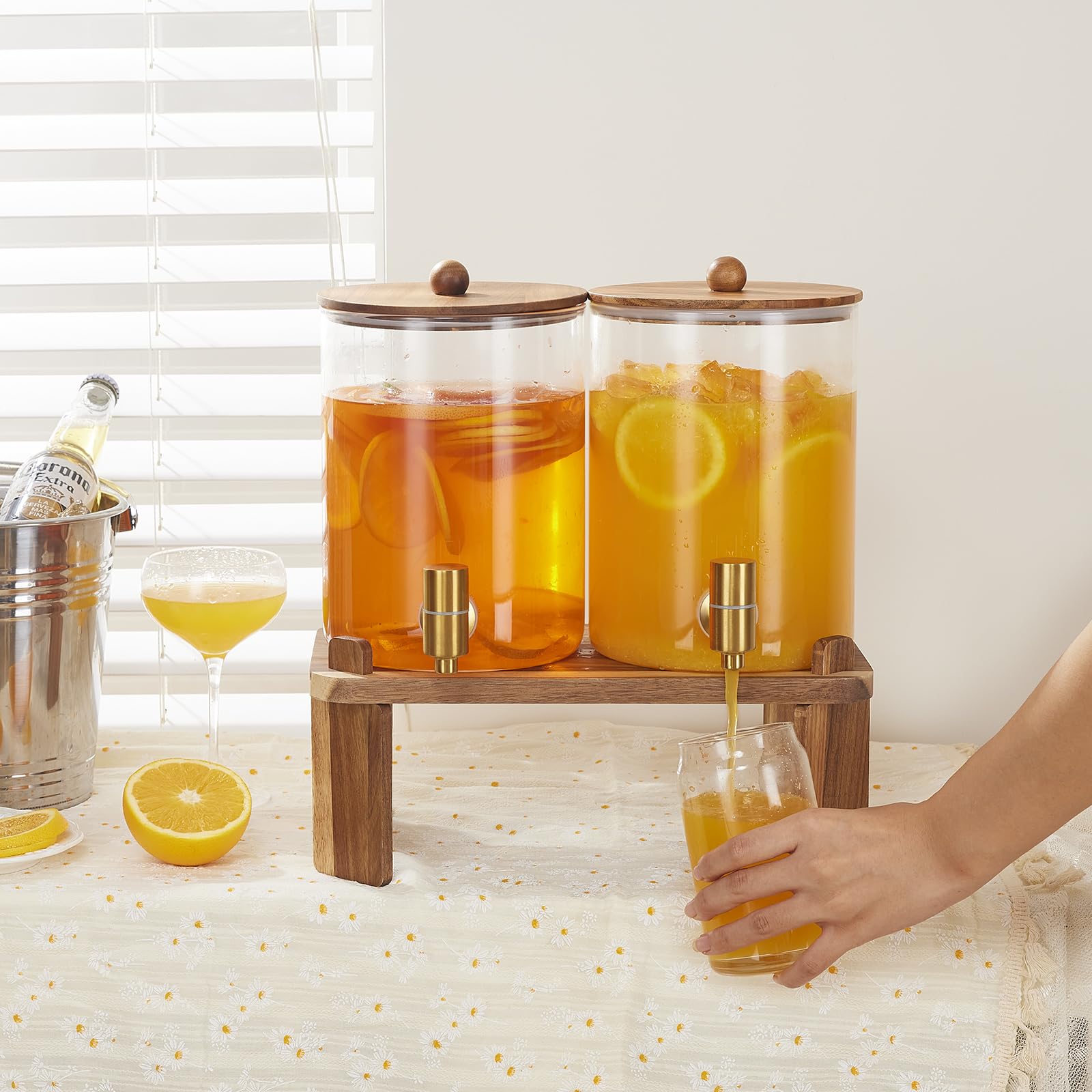 2 PCS 1 Gallon Drink dispenser, Glass Beverage Dispenser With Wood Stand, Large Water Drink Dispensers for Parties With Stainless Steel Spigot, Ideal for Lemonade,Juice, Tea, and Party Drinks