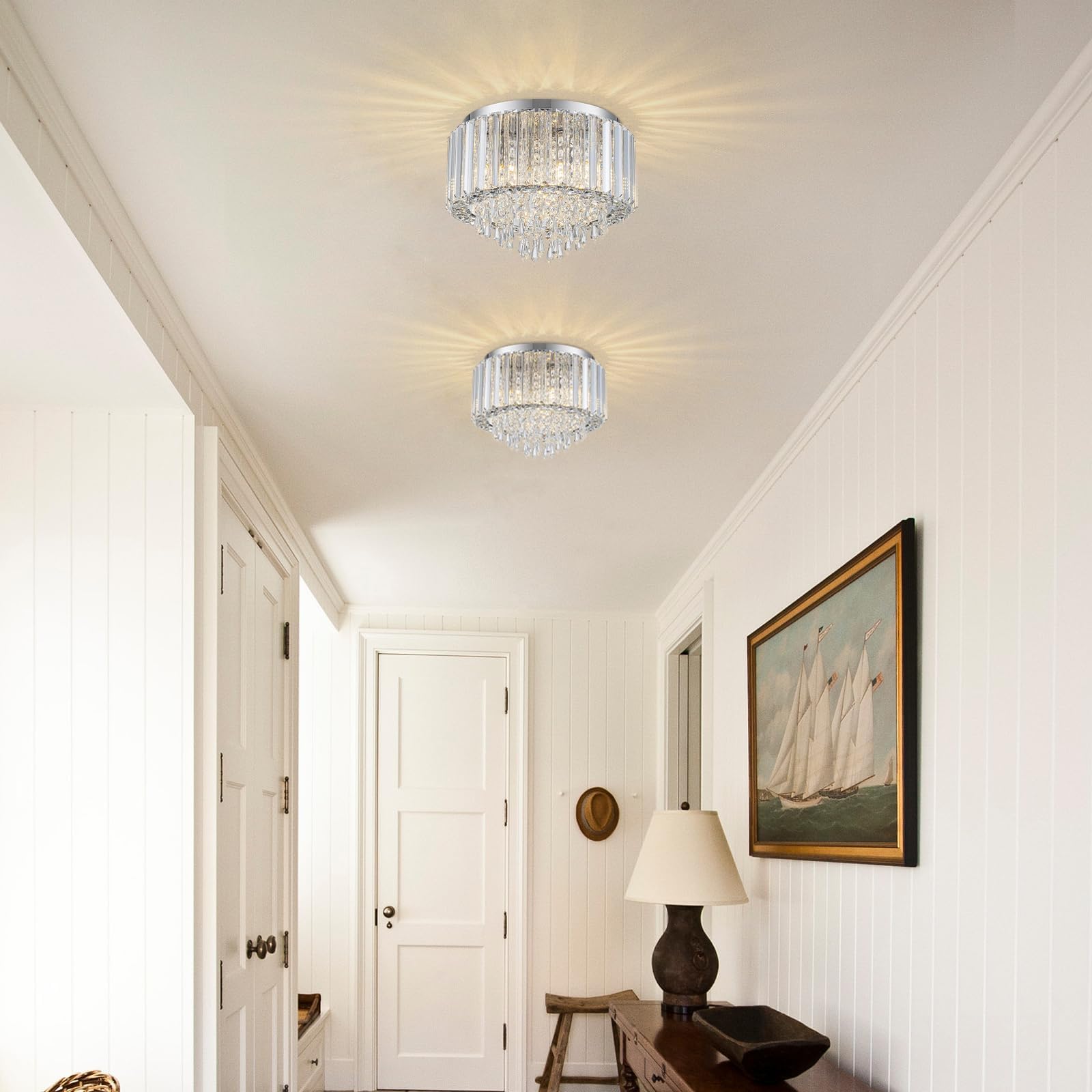 HOPGGIE 11.8 Inch Crystal Chandelier Modern Chandelier Light Mini Chandelier Semi Flush Mount Ceiling Light Fixture Small Chandelier for Bedroom Hallway Kitchen Foyer Closet (Chrome)