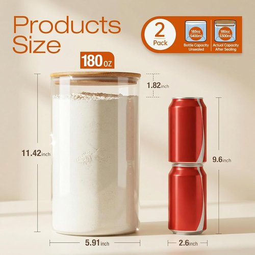 HomArtist Large Glass Food Storage Containers - 180oz Set of 2 with Bamboo Airtight Lids | Ideal for Flour, Sugar, Pasta, Rice, and More