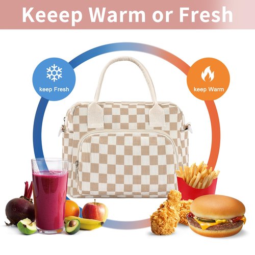 OYLOLA Lunch Bag Women Lunch Box for Women Adult Cute Insulated Lunch Bag Lager Cooler Lunch Tote Bags for Work Picnic (Beige-Brown Plaid)