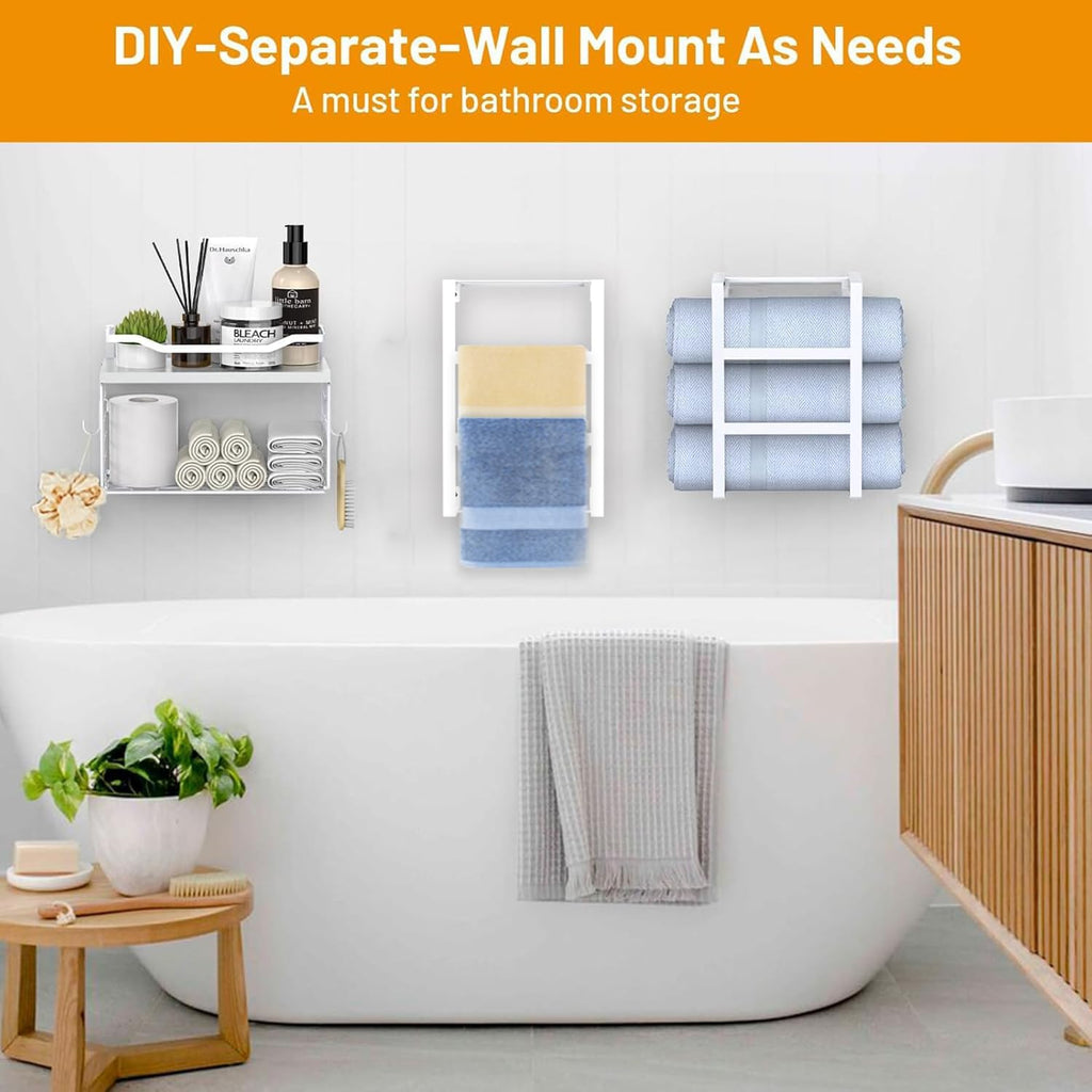 Towel Racks for Bathroom Wall Mounted, 4 tire Bath Towel Storage - with 2 Pack Towel Shelf and Floating Shelves Over Toilet, Rolled Towel Holder Shelf Organizer, Sturdy Metal & Wood, 34inch, White
