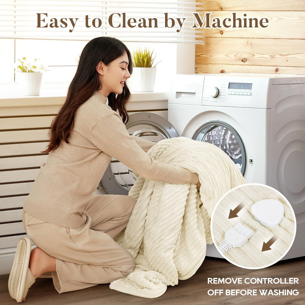 Electric Heated Blanket Queen Size, Fast Heating Soft Flannel Heated Blanket 84x90 inch with 8H Timer, 6 Heating Levels, Machine Washable, ETL & FCC Certified (Beige)