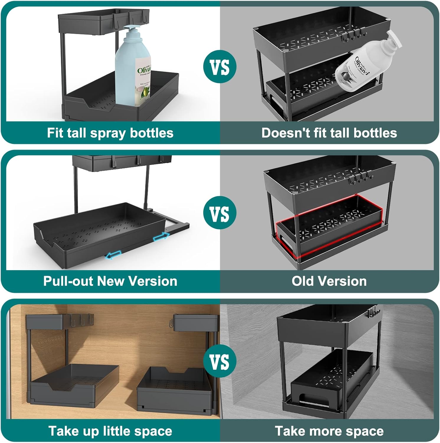 Nature's Source Under Sink Organizer - 2 Tier Sliding Cabinet Storage Baskets | L-Shape Design, Black