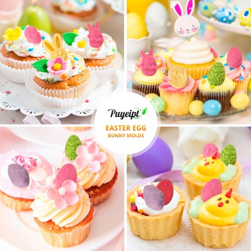 Puyeipt 2 PCS Easter Silicone Molds, 54 Cavity Mini Easter Bunny Mold & 77 Cavity Easter Egg Mold, Easter Rabbit Molds for Candy, Chocolate, Gummy, Cupcake Decor