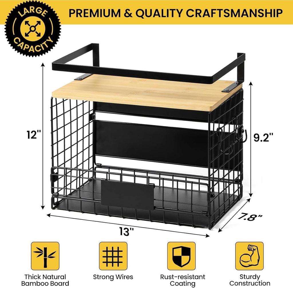 WIDER SHELF Magnetic Shelf Basket Set - XXL Large Bamboo Top Spice Rack for Fridge & Pantry Storage