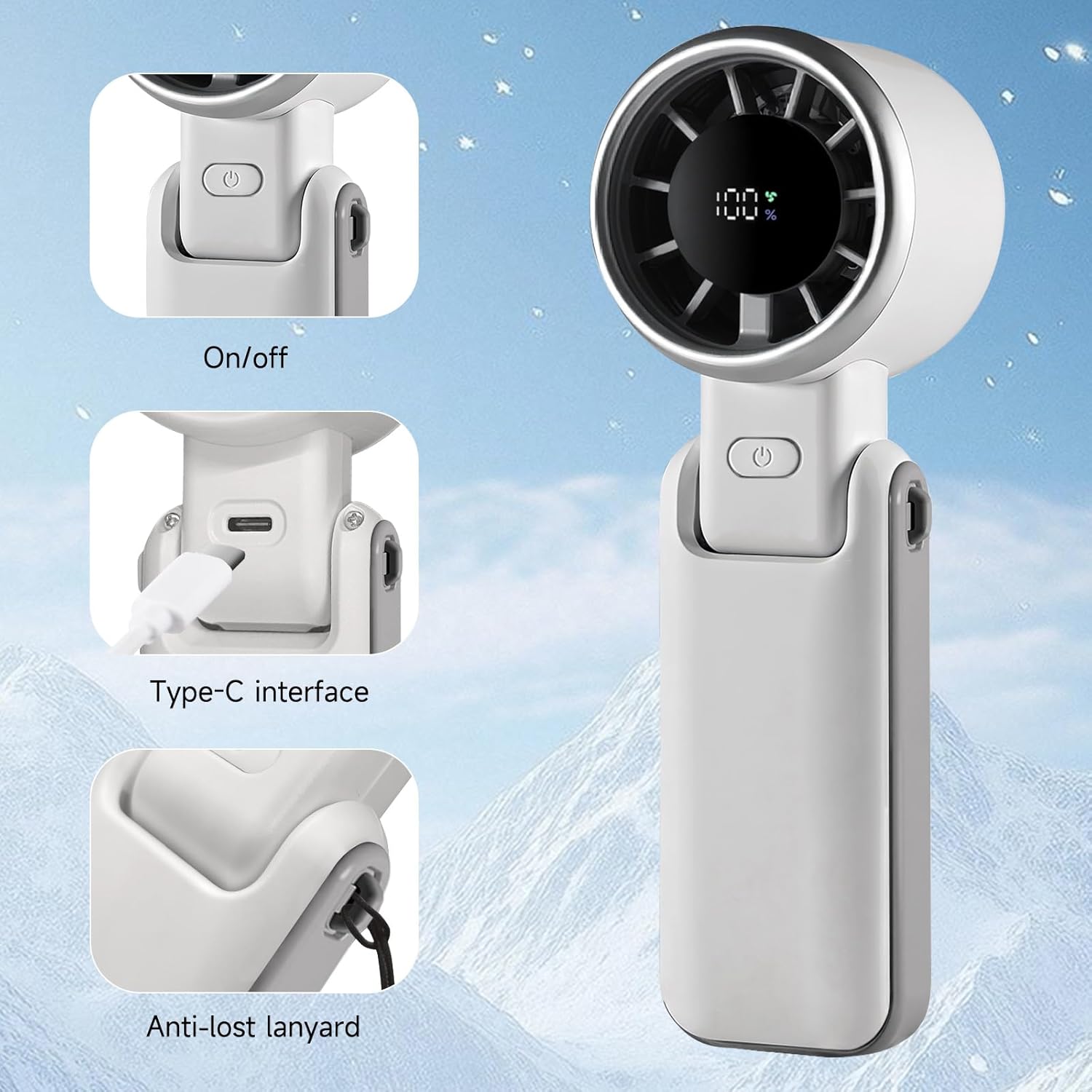Skiennix Portable Handheld Turbo Fan - 180° Folding Design, 5 Speed USB Rechargeable Personal Fan | White