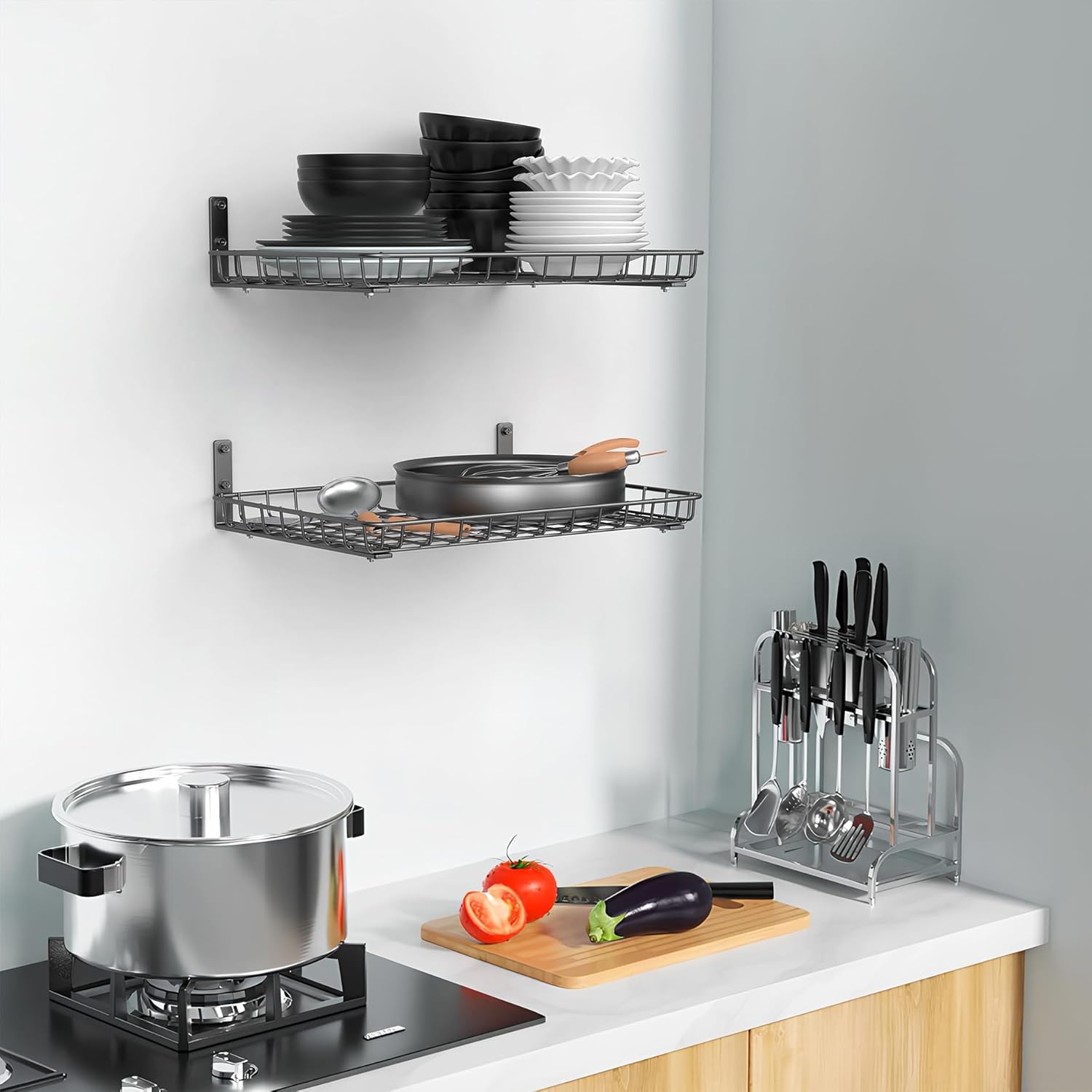 WALMANN Wall-Mounted Garage Shelves - Heavy Duty Storage Solution | 12x18 Inch, Holds 60 lbs (Pack of 2, Black)