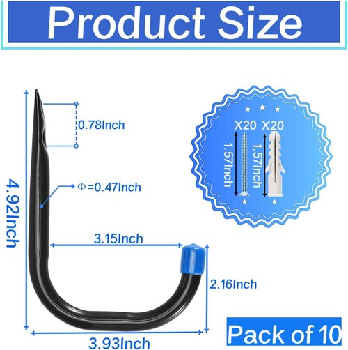 Heavy Duty Garage Storage Hooks by J Utility - 4-Inch Wall Mount Hangers for Tools, Bikes & Ladders | 10 Pack