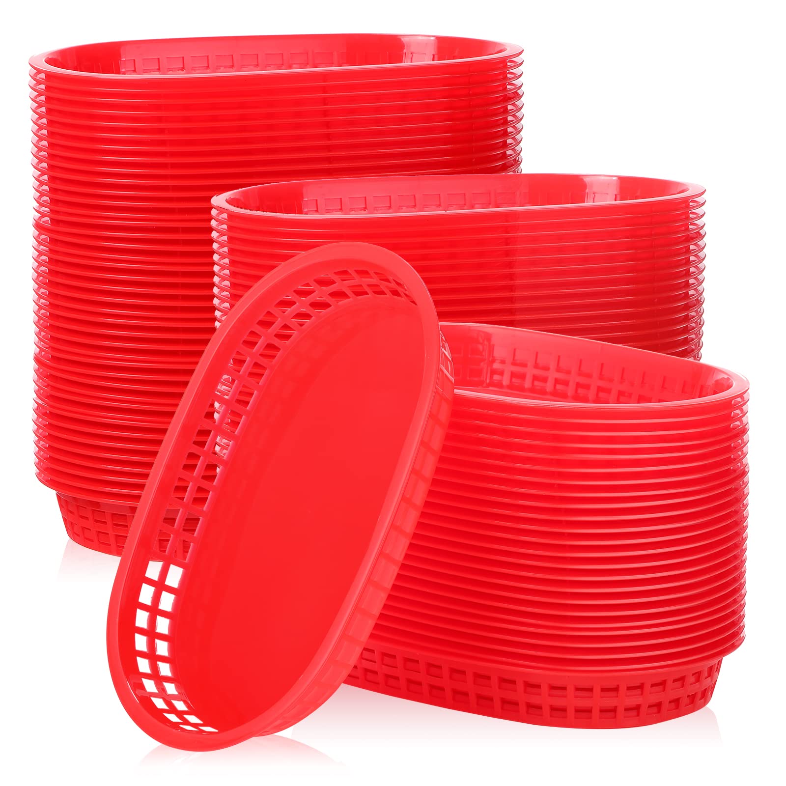 Rtteri 100 Pcs Fast Food Baskets Bulk 10.6 x 6.7 Inch, Oval Restaurant Tray Red Plastic Serving Basket, Reusable Bread Fry Basket for Hot Dog, Burger, Chips, Picnic and Christmas Party Deli Serving