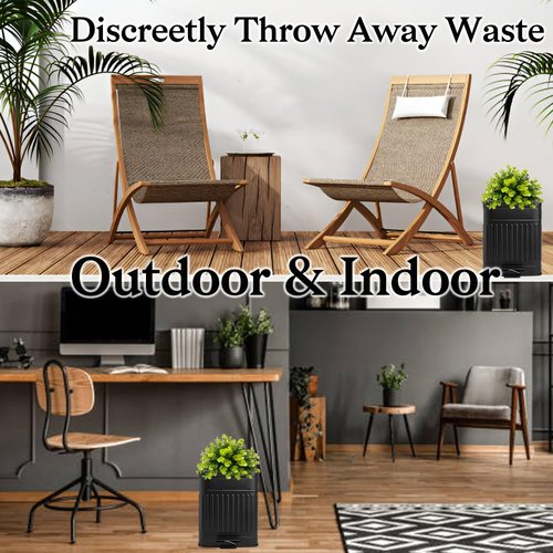 Tegneo Small Trash Can with Lid, Plant-Styled Outdoor Dog Poop Trash Can Outside, Farmhouse Retro Metal Garbage Can for Bathroom Office, Dog Waste Container with Pedal, Soft Close, 5L/1.3 Gal, Black