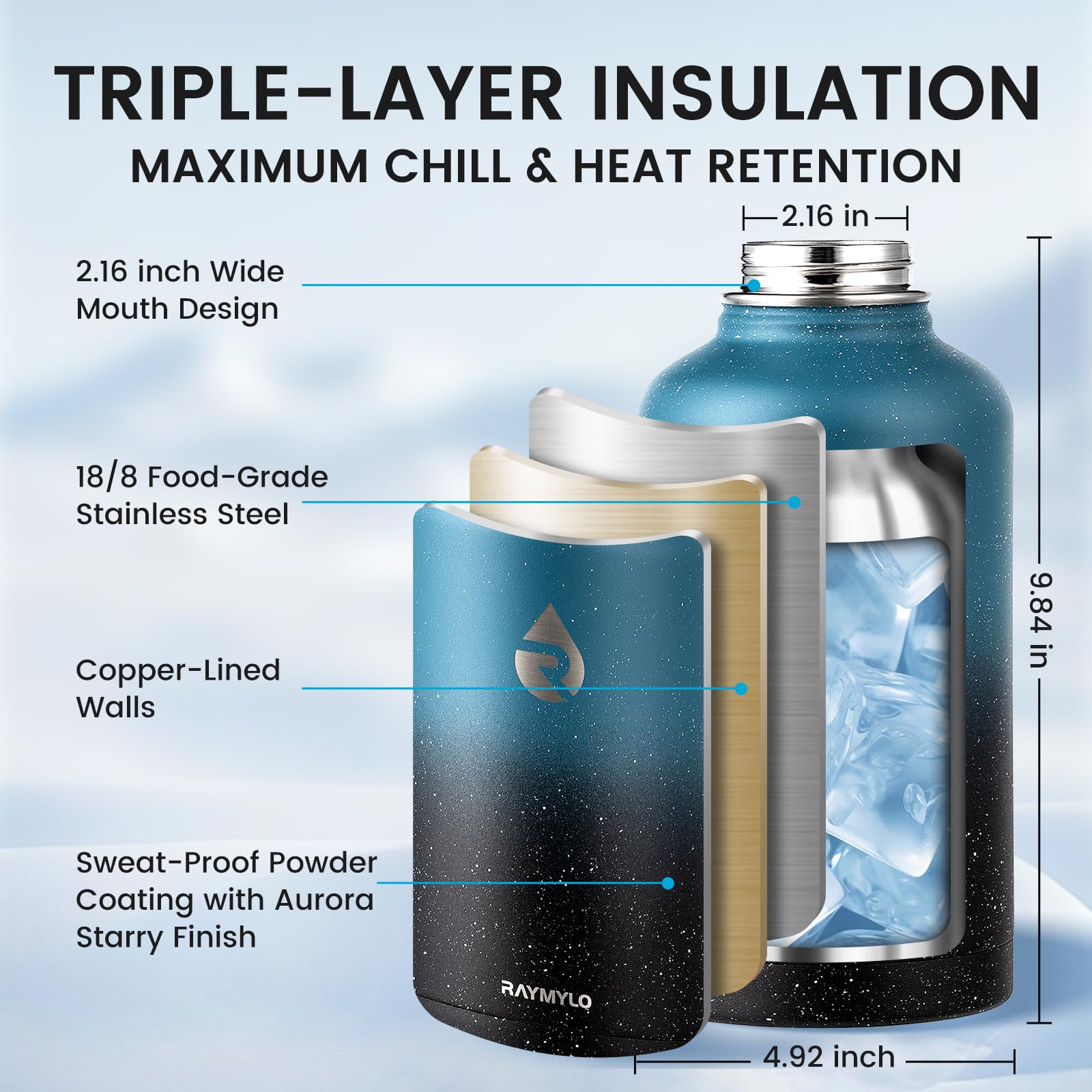 RAYMYLO 64oz Insulated Water Bottle, Triple Wall Vacuum Stainless Steel Water Bottles - Keeps Cold 48H, Reusable Half Gallon Jug for Gym, Sports, Camping, Hiking,Travel, Starry Sky-Indigo/Black