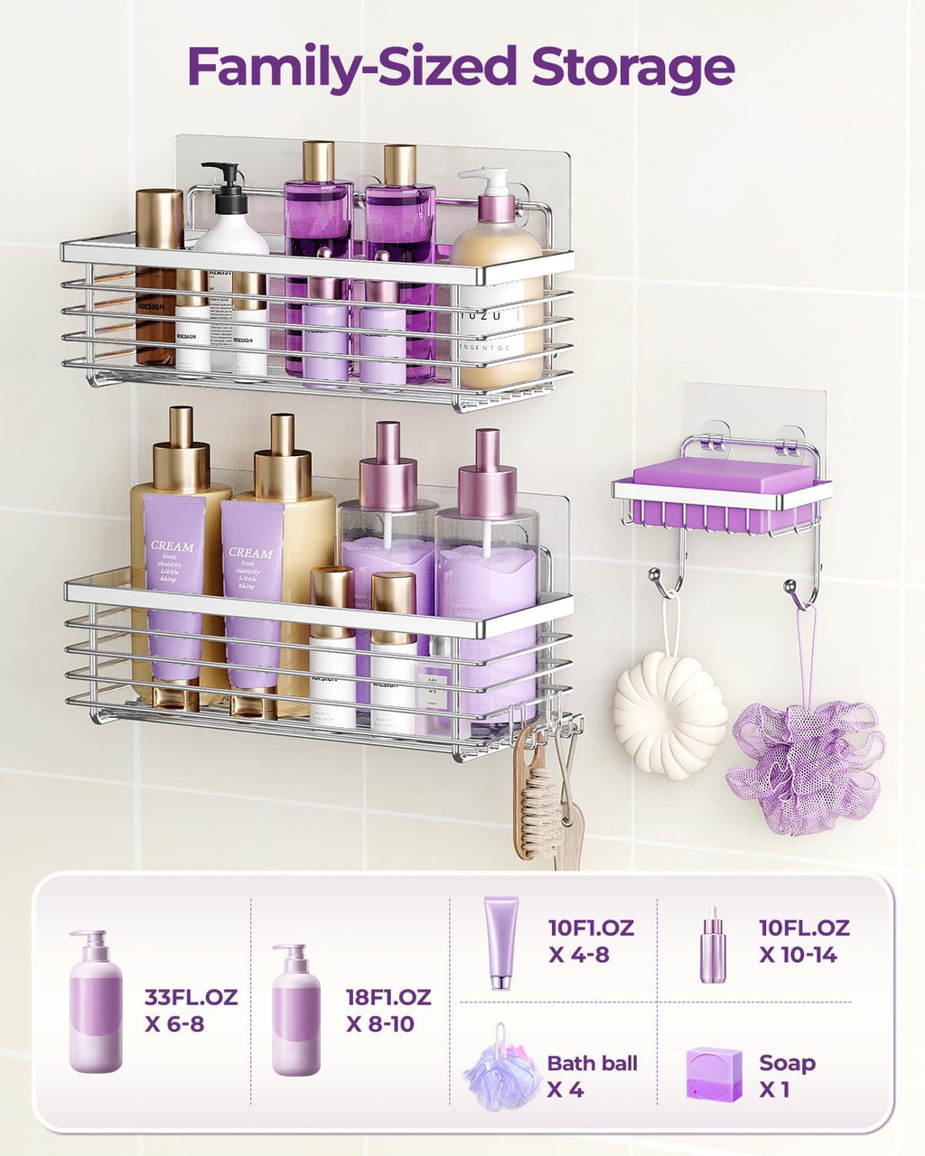 ODesign Shower Caddy - 3 Pack SUS304 Stainless Steel | No Drilling, Rustproof Wall-Mounted Organizer - Silver