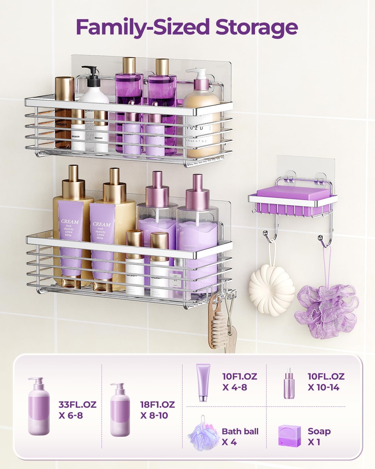 ODesign Shower Caddy - 3 Pack SUS304 Stainless Steel | No Drilling, Rustproof Wall-Mounted Organizer - Silver